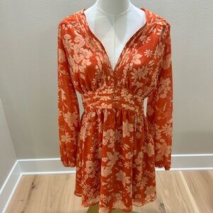Lulu's Vibrant Orange Floral Long Sleeve Dress